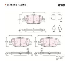 Barbaro Racing KD1004 brake pad shape drawing - 119 x 49.3 x 15.7 mm
