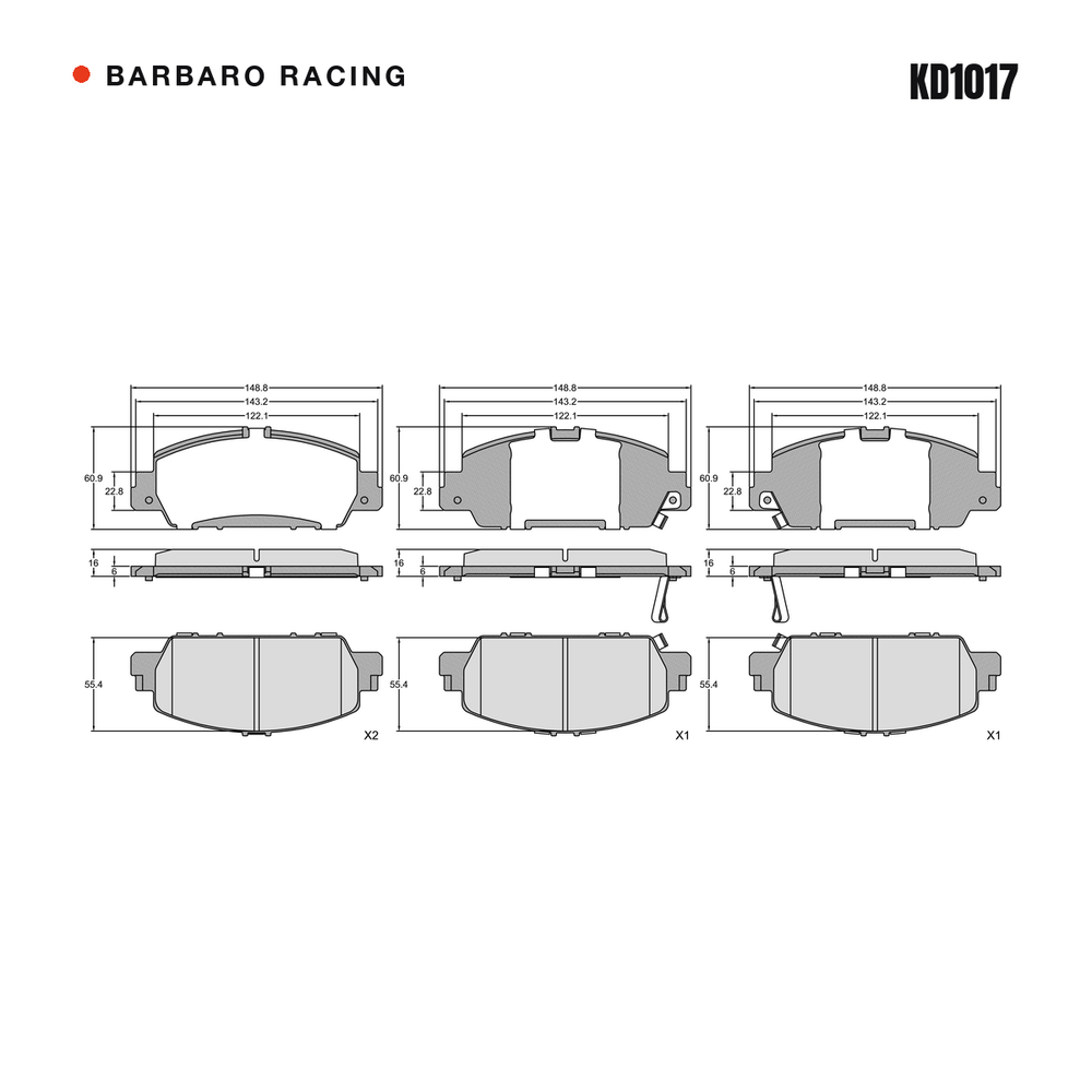 Barbaro Racing KD1017 brake pad shape drawing - 148.8 x 60.9 x 16 mm