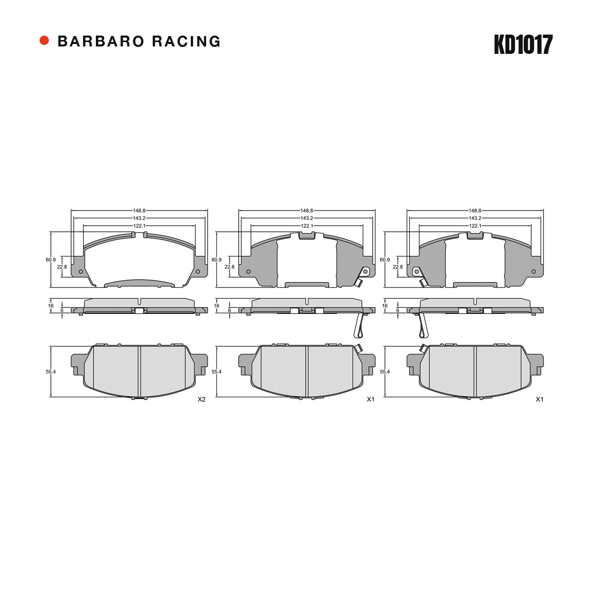 Barbaro Racing KD1017 brake pad shape drawing - 148.8 x 60.9 x 16 mm