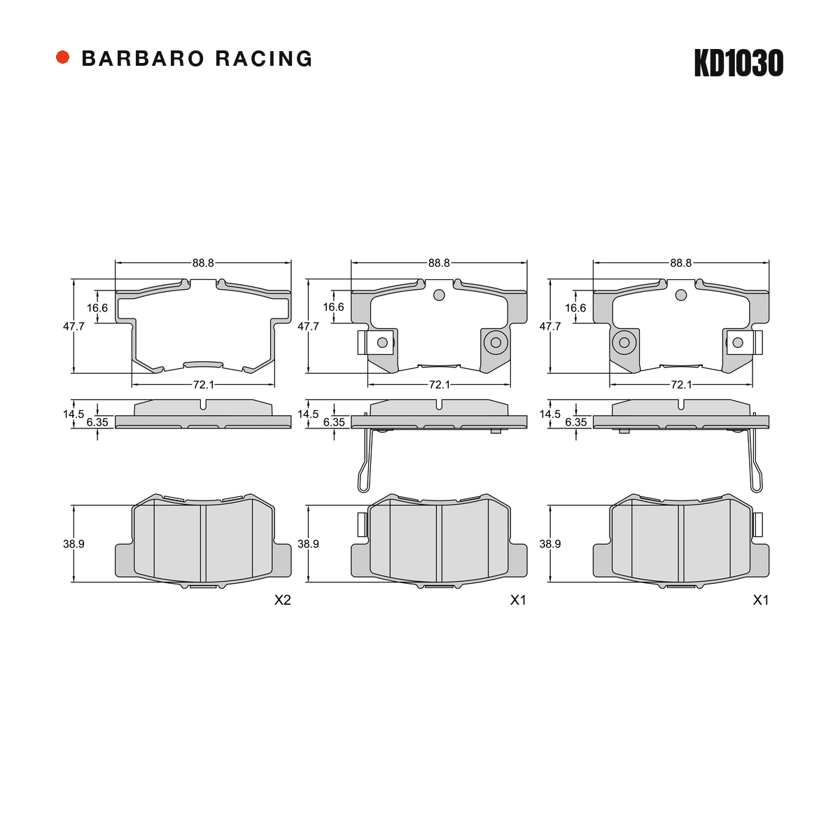 Barbaro Racing KD1030 brake pad shape drawing - 88.8 x 47.7 x 14.5 mm