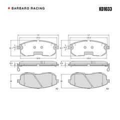 Barbaro Racing KD1033 brake pad shape drawing - 137 x 53 x 15.5 mm