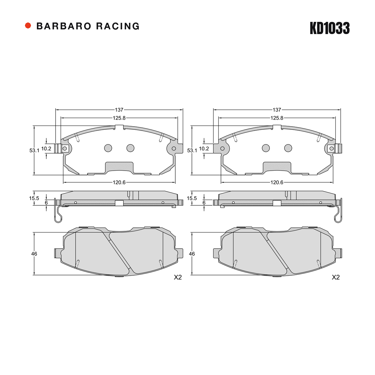 Barbaro Racing KD1033 brake pad shape drawing - 137 x 53 x 15.5 mm