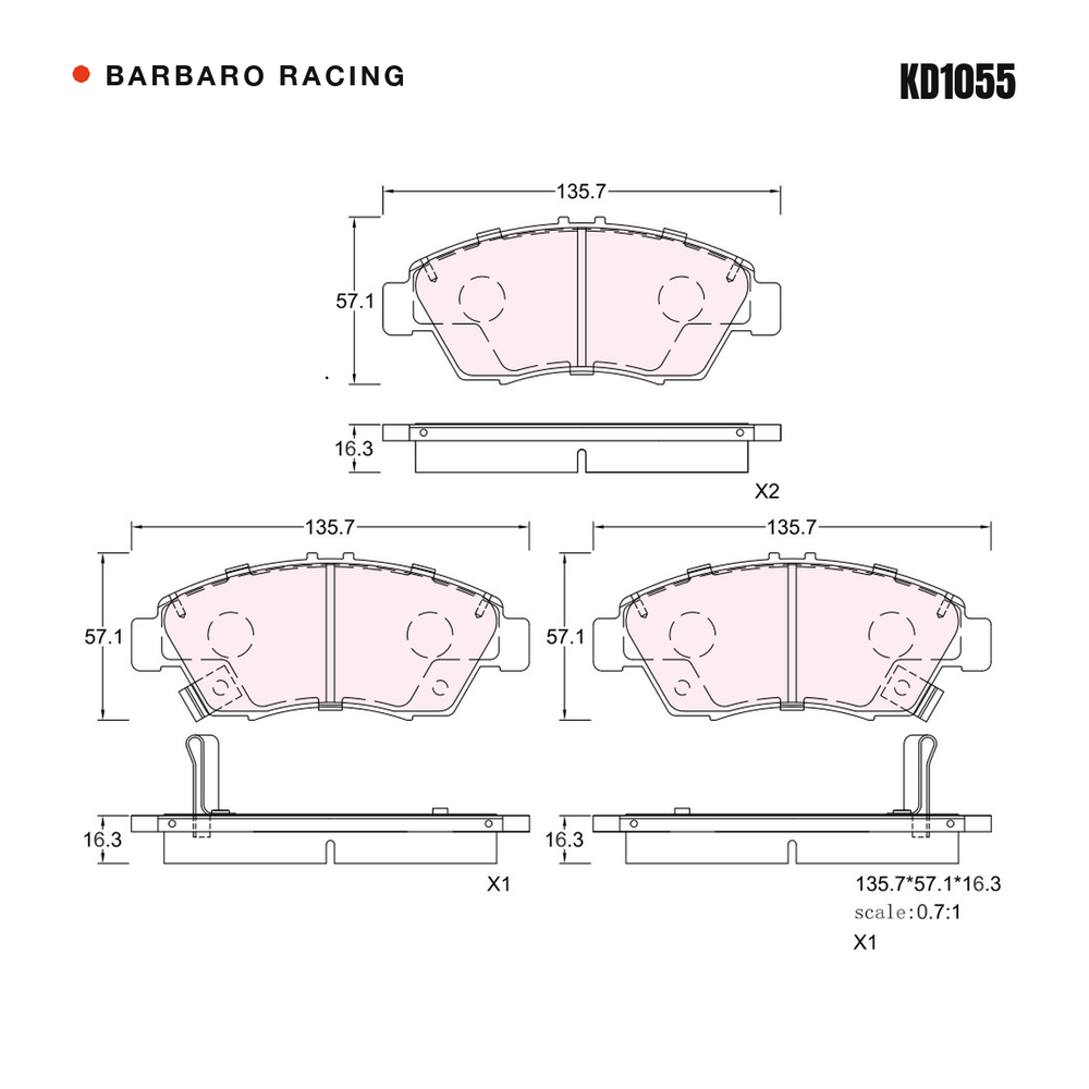 Barbaro Racing KD1055 brake pad shape drawing - 135.8 x 57 x 16.3 mm