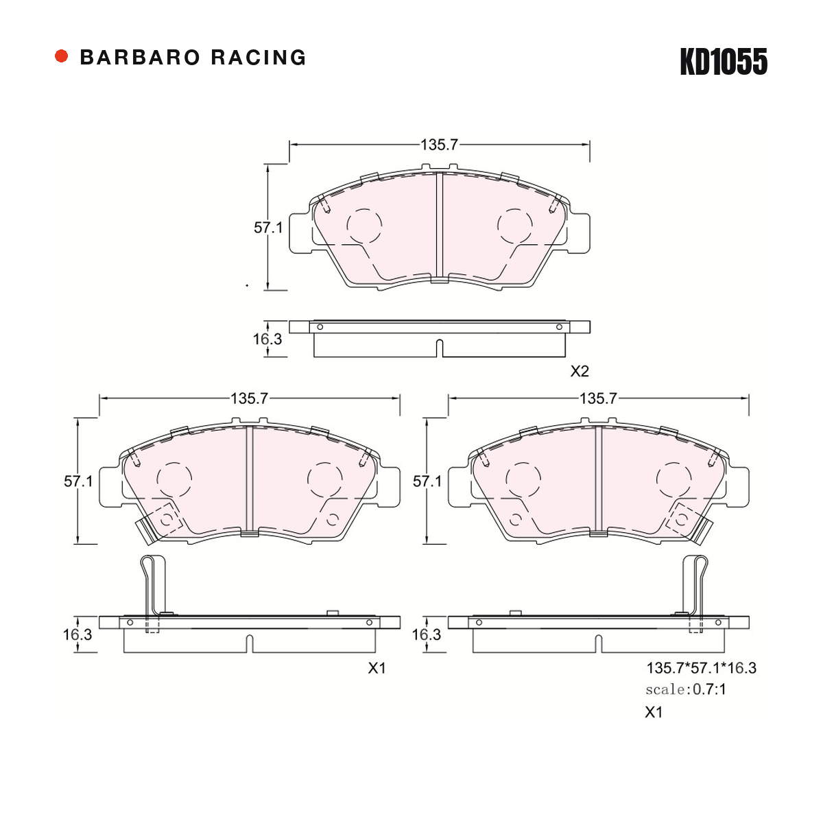 Barbaro Racing KD1055 brake pad shape drawing - 135.8 x 57 x 16.3 mm