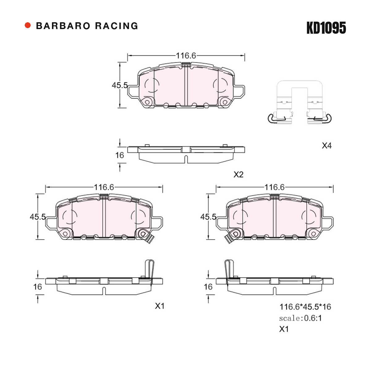 Barbaro Racing KD1095 brake pad shape drawing - 116.6 x 45.5 x 16 mm