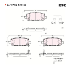 Barbaro Racing KD1095 brake pad shape drawing - 116.6 x 45.5 x 16 mm
