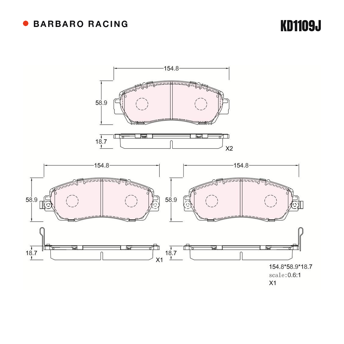 Barbaro Racing KD1109J brake pad shape drawing - 154.8 x 58.9 x 18.7 mm