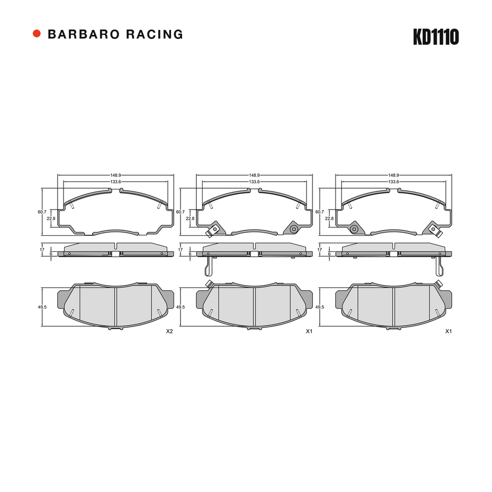 Barbaro Racing KD1110 brake pad shape drawing - 148.9 x 60.7 x 17 mm