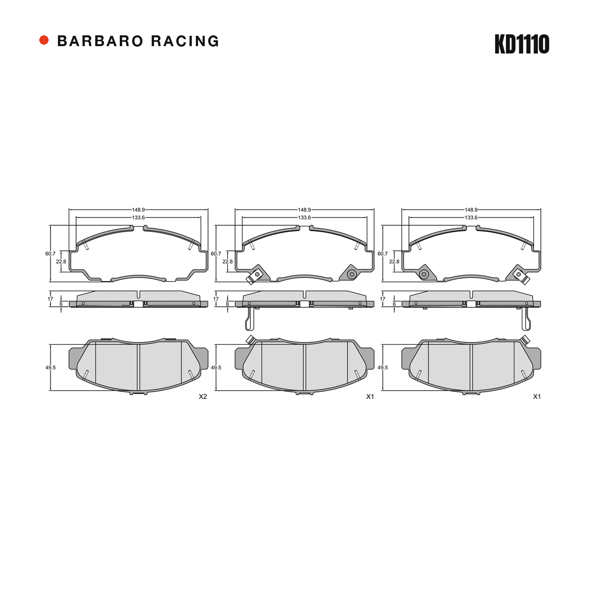 Barbaro Racing KD1110 brake pad shape drawing - 148.9 x 60.7 x 17 mm