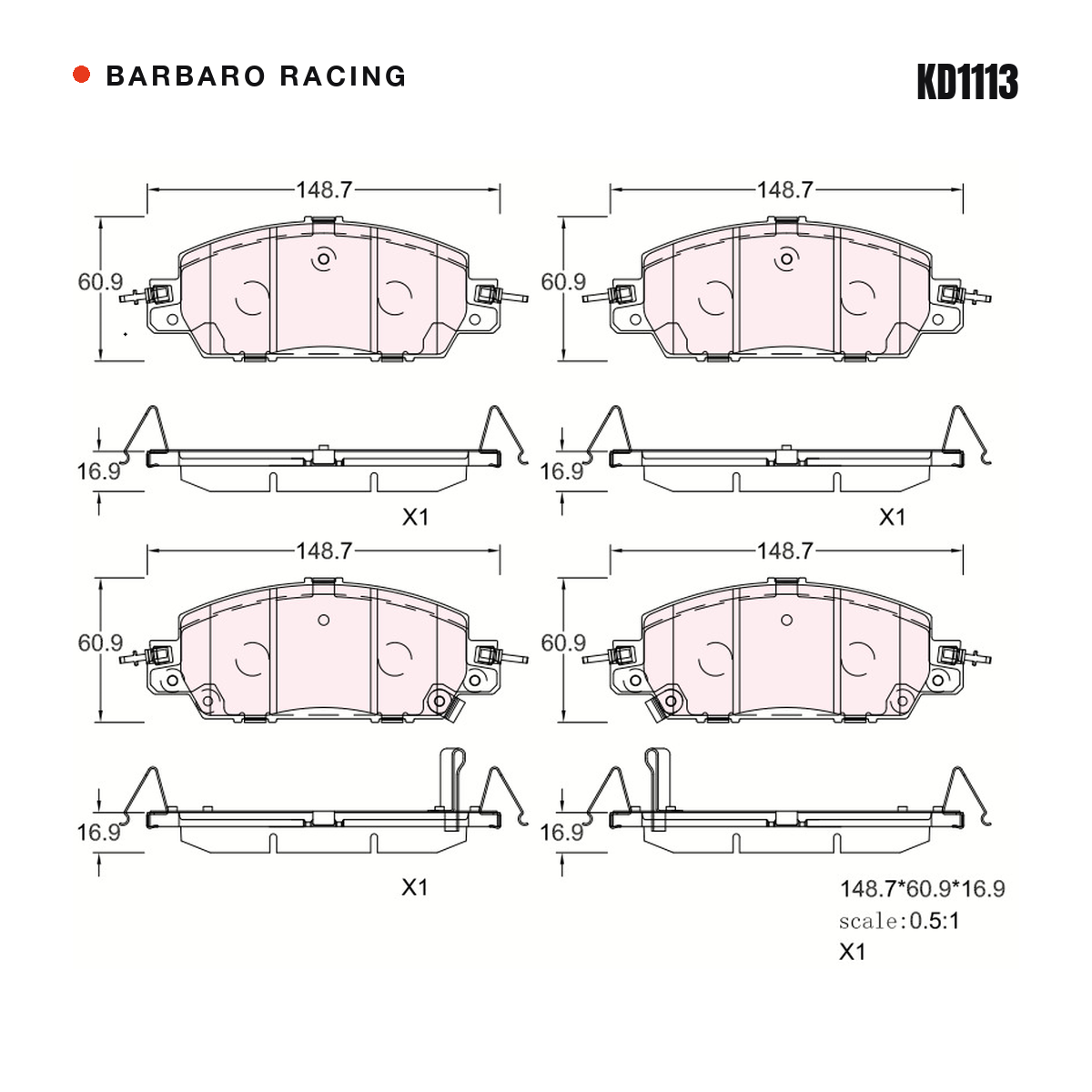 Barbaro Racing KD1113 brake pad shape drawing - 148.7 x 60.9 x 16.9 mm