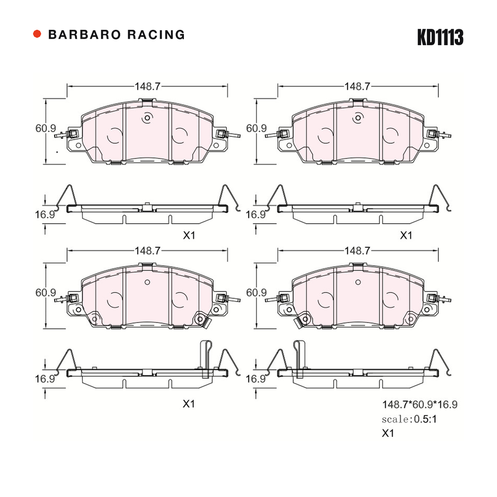 Barbaro Racing KD1113 brake pad shape drawing - 148.7 x 60.9 x 16.9 mm
