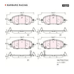 Barbaro Racing KD1113 brake pad shape drawing - 148.7 x 60.9 x 16.9 mm