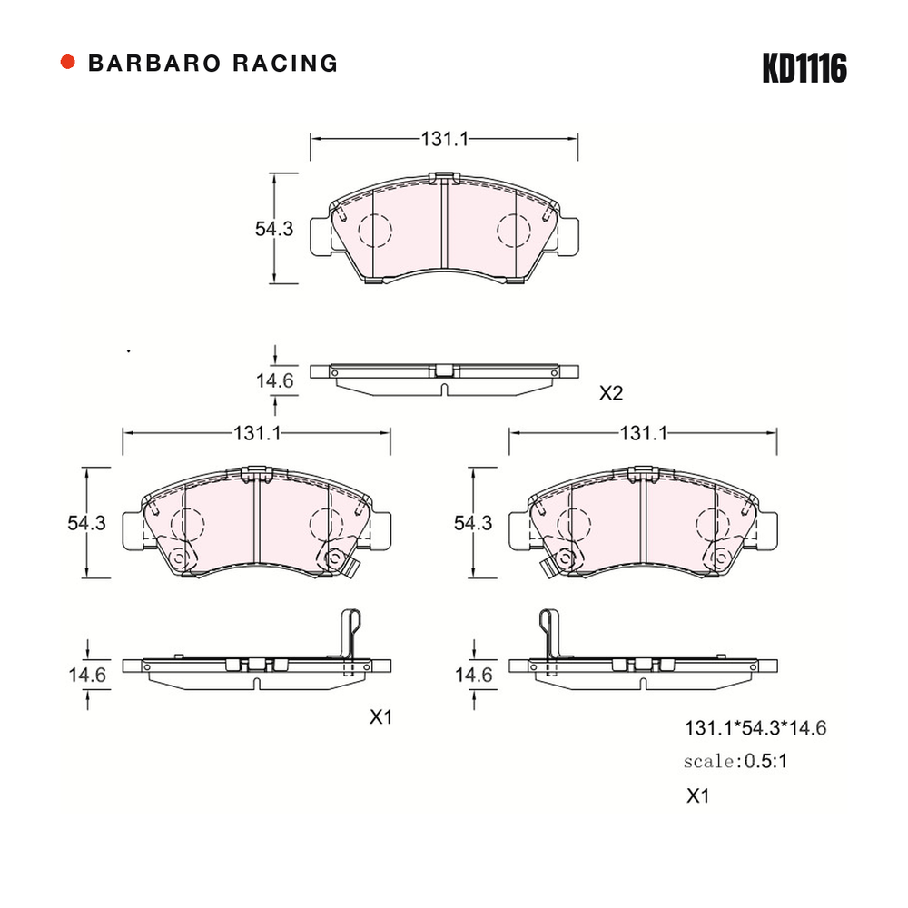 Barbaro Racing KD1116 brake pad shape drawing - 131.1 x 54.3 x 14.6 mm