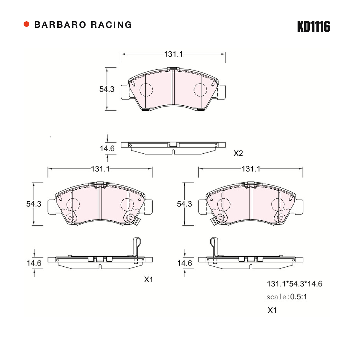 Barbaro Racing KD1116 brake pad shape drawing - 131.1 x 54.3 x 14.6 mm
