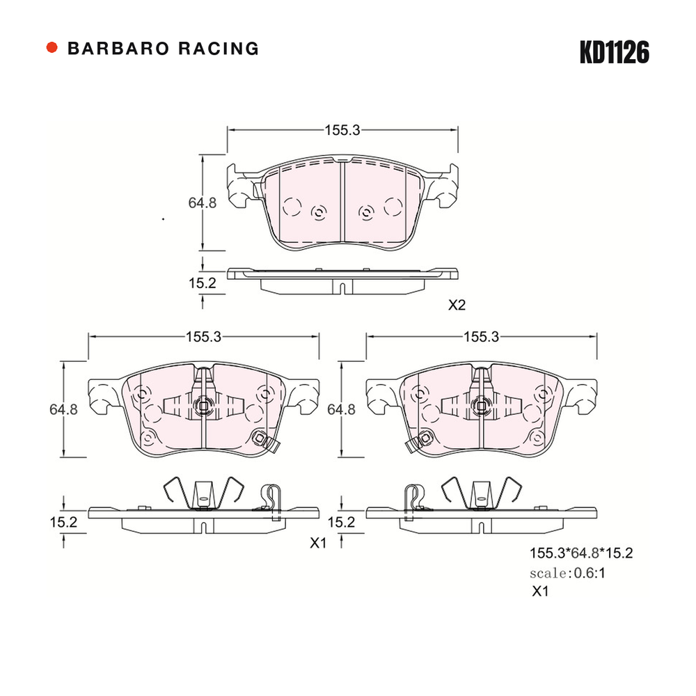 Barbaro Racing KD1126 brake pad shape drawing - 155.2 x 64.7 x 15.2 mm