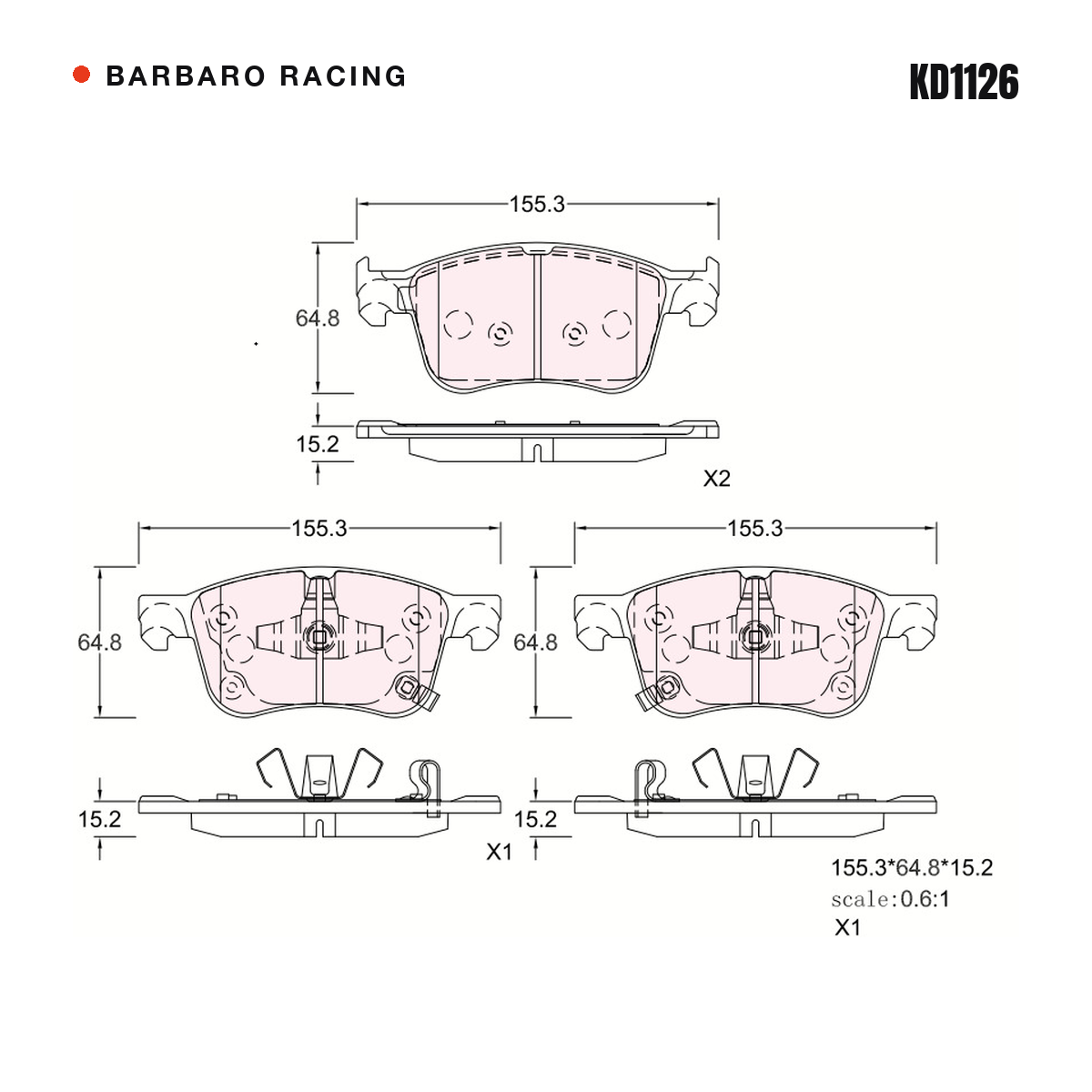 Barbaro Racing KD1126 brake pad shape drawing - 155.2 x 64.7 x 15.2 mm