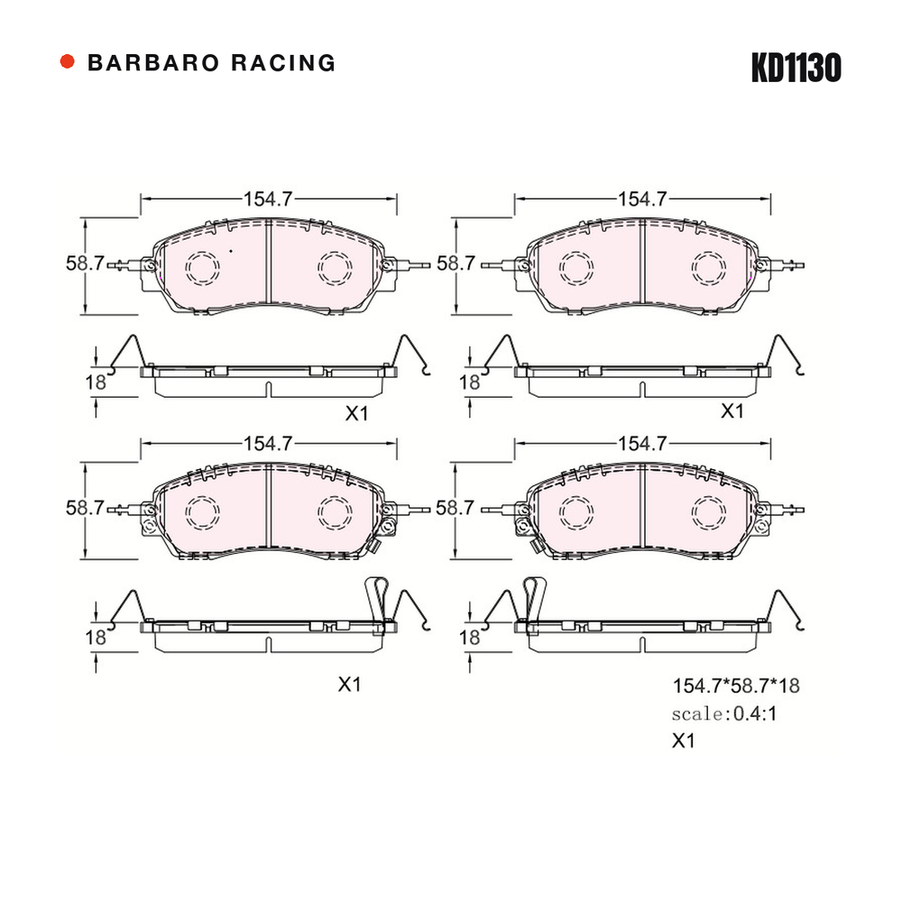 Barbaro Racing KD1130 brake pad shape drawing - 154.7 x 58.7 x 18 mm