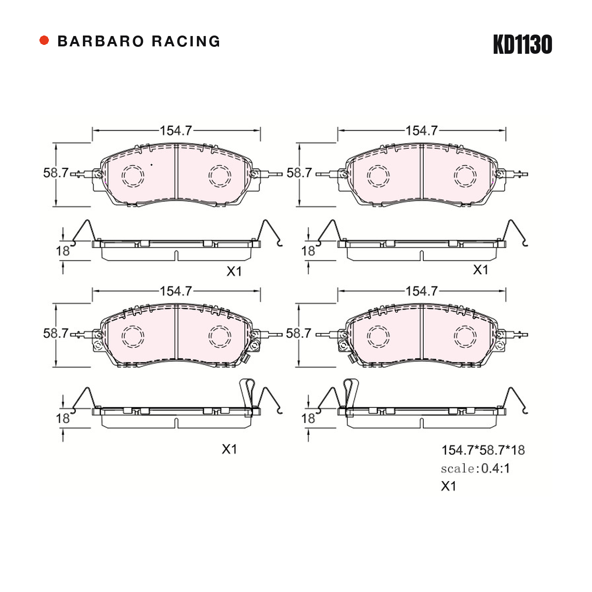 Barbaro Racing KD1130 brake pad shape drawing - 154.7 x 58.7 x 18 mm