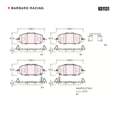 Barbaro Racing KD1131 brake pad shape drawing - 148.6 x 61.8 x 16.9 mm
