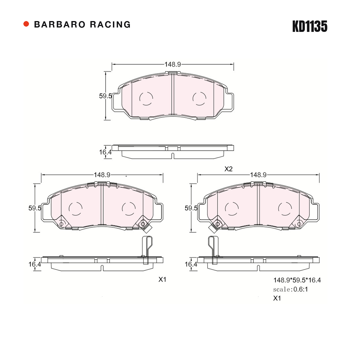 Barbaro Racing KD1135 brake pad shape drawing - 148.9 x 59.5 x 16.4 mm