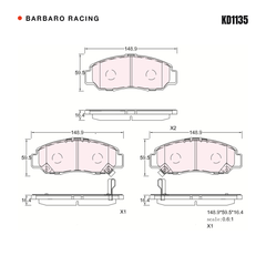 Barbaro Racing KD1135 brake pad shape drawing - 148.9 x 59.5 x 16.4 mm