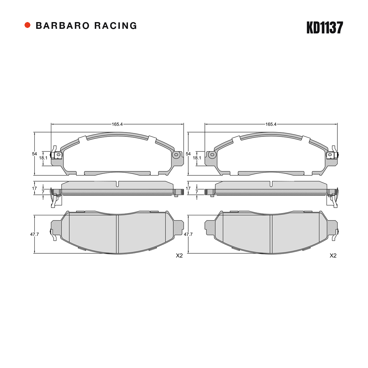 Barbaro Racing KD1137 brake pad shape drawing - 165.4 x 54 x 17 mm