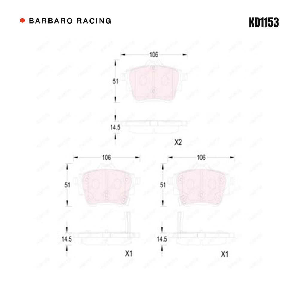 Barbaro Racing KD1153 brake pad shape drawing - 106 x 51 x 14.5 mm