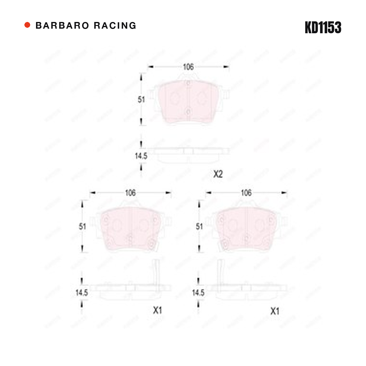 Barbaro Racing KD1153 brake pad shape drawing - 106 x 51 x 14.5 mm