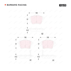 Barbaro Racing KD1153 brake pad shape drawing - 106 x 51 x 14.5 mm