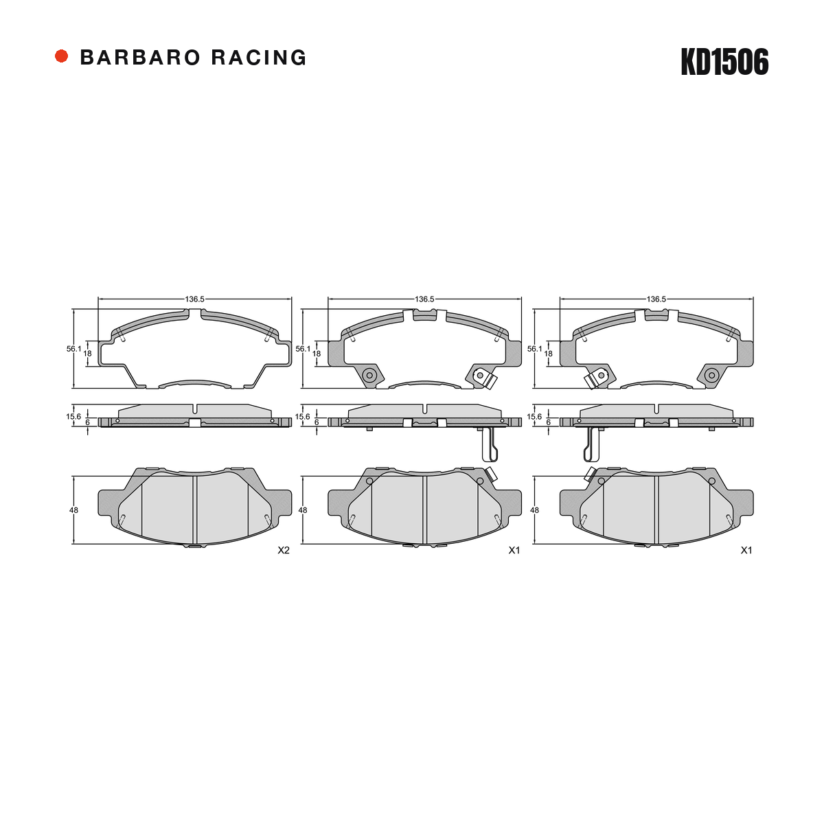 Barbaro Racing KD1506 brake pad shape drawing - 136.5 x 56.1 x 15.6 mm