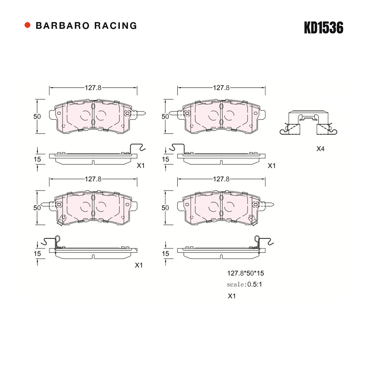Barbaro Racing KD1536 brake pad shape drawing - 127.8 x 50 x 15 mm