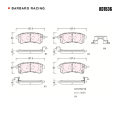 Barbaro Racing KD1536 brake pad shape drawing - 127.8 x 50 x 15 mm