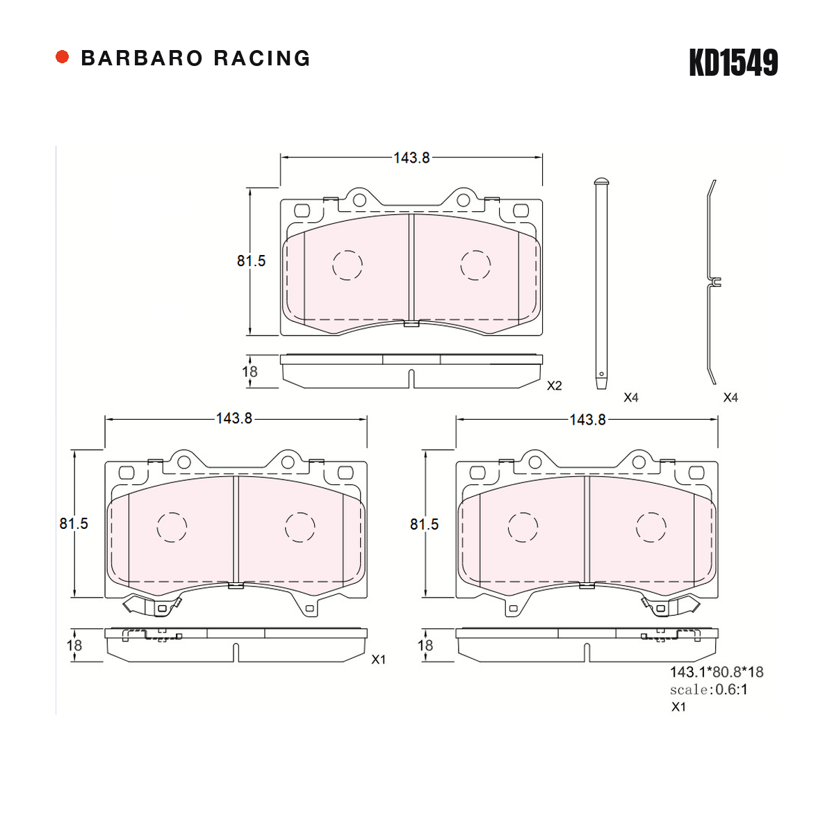 Barbaro Racing KD1549 brake pad shape drawing - 143.1 x 80.9 x 18 mm