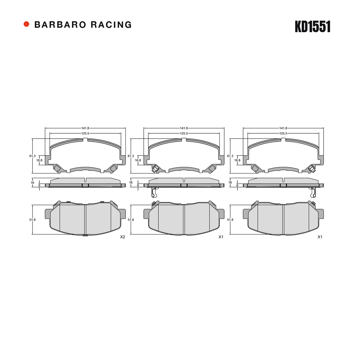 Barbaro Racing KD1551 brake pad shape drawing - 142 x 61.4 x 16 mm