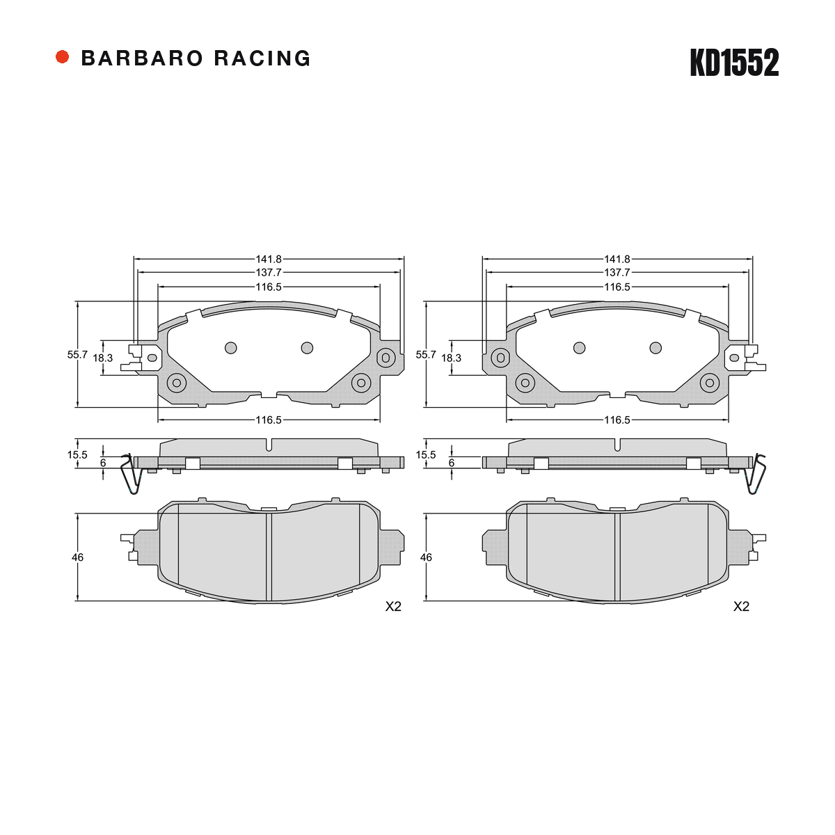 Barbaro Racing KD1552 brake pad shape drawing - 141.8 x 55.7 x 15.5 mm