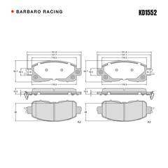 Barbaro Racing KD1552 brake pad shape drawing - 141.8 x 55.7 x 15.5 mm