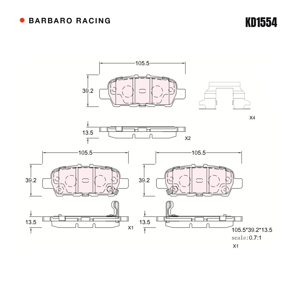 Barbaro Racing KD1554 brake pad shape drawing - 105.5 x 39.2 x 13.5 mm