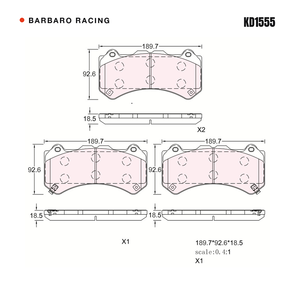 Barbaro Racing KD1555 brake pad shape drawing - 189.7 x 92.6 x 18.5 mm