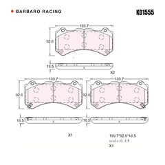 Barbaro Racing KD1555 brake pad shape drawing - 189.7 x 92.6 x 18.5 mm