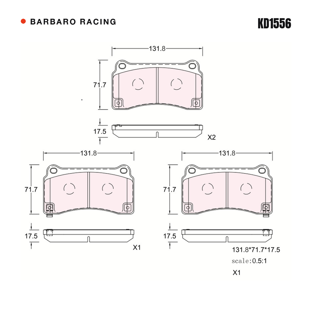 Barbaro Racing KD1556 brake pad shape drawing - 131.8 x 71.7 x 17.5 mm