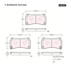Barbaro Racing KD1556 brake pad shape drawing - 131.8 x 71.7 x 17.5 mm