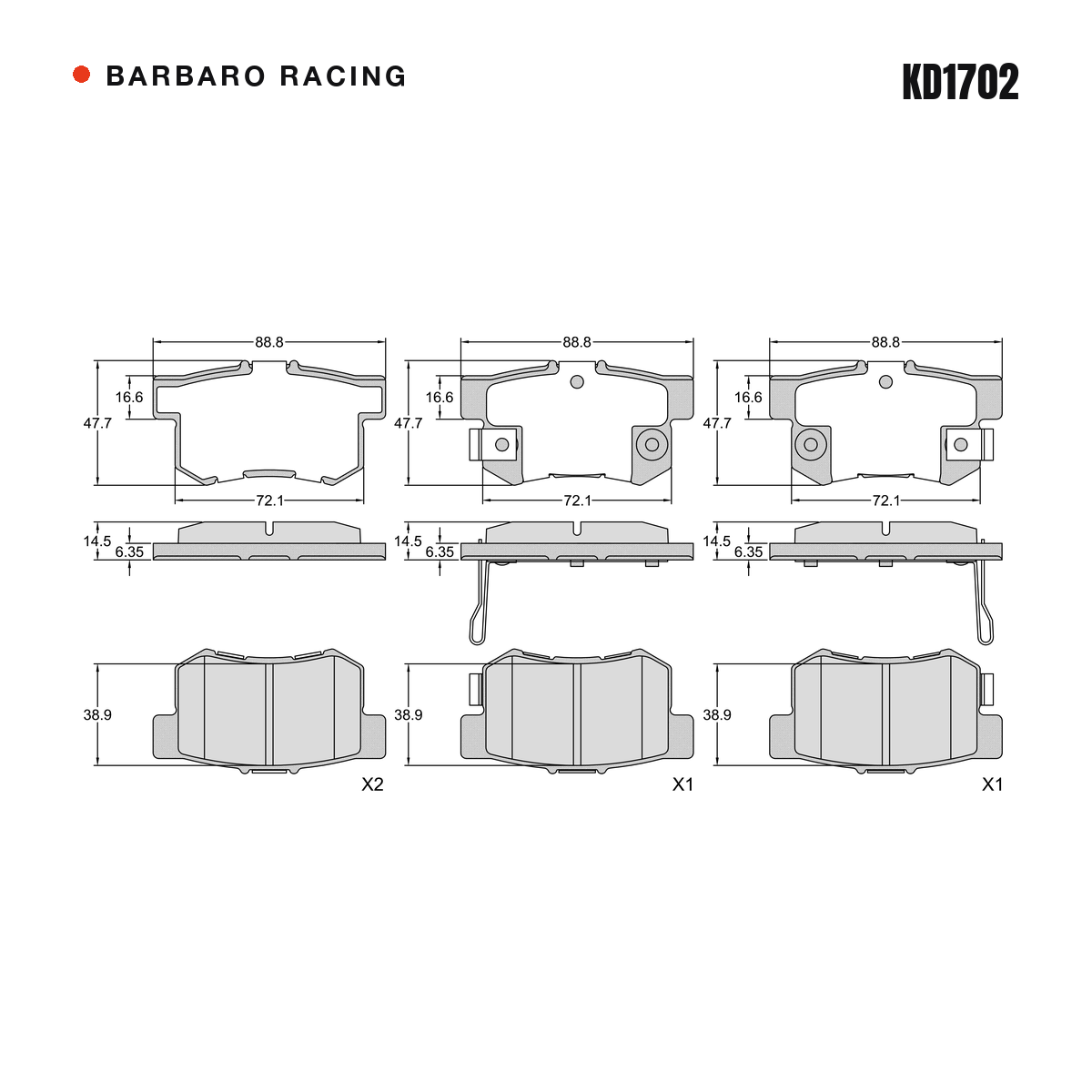 Barbaro Racing KD1702 brake pad shape drawing - 89 x 47.7 x 14.5 mm
