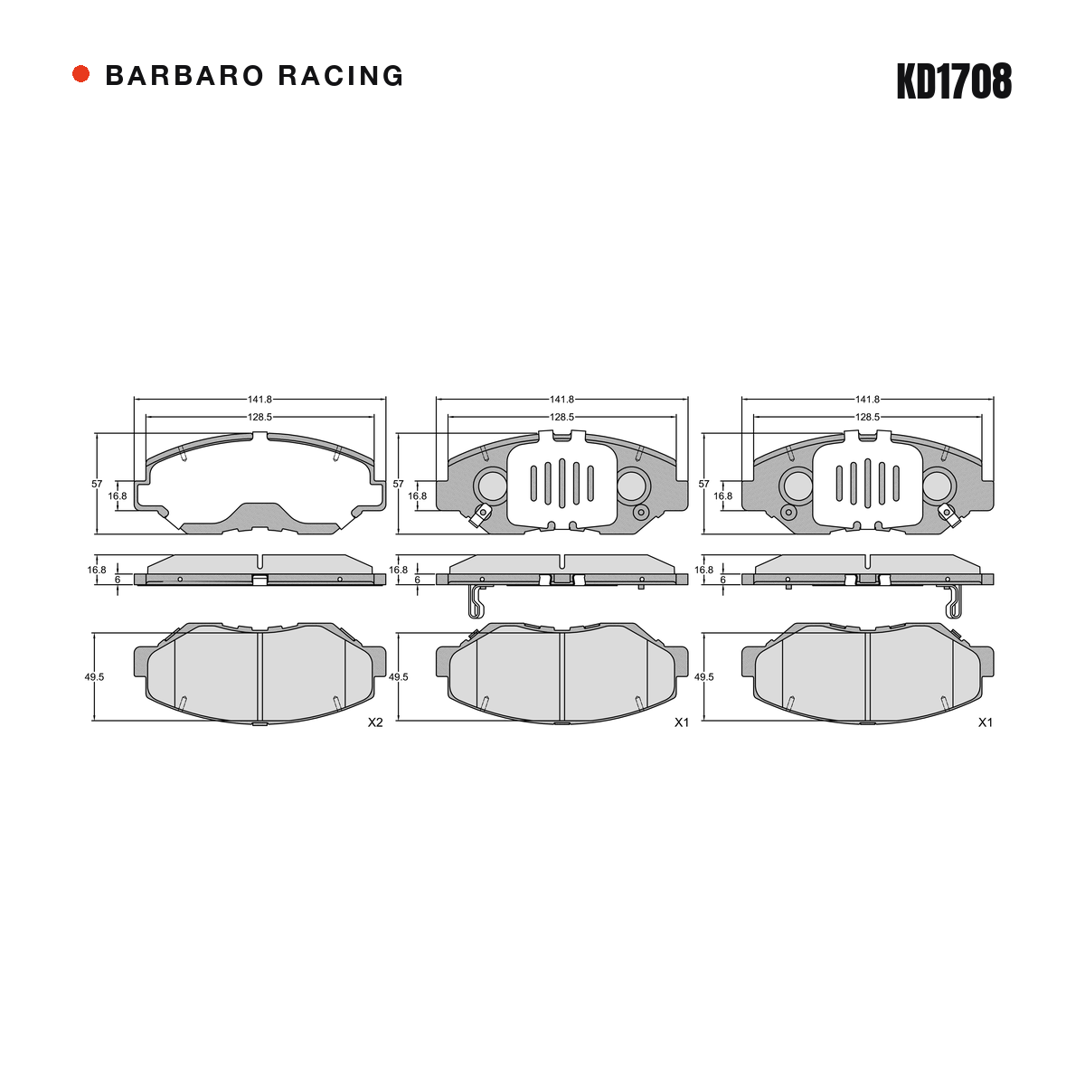 Barbaro Racing KD1708 brake pad shape drawing - 141.8 x 57 x 16.8 mm