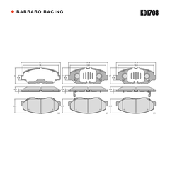 Barbaro Racing KD1708 brake pad shape drawing - 141.8 x 57 x 16.8 mm
