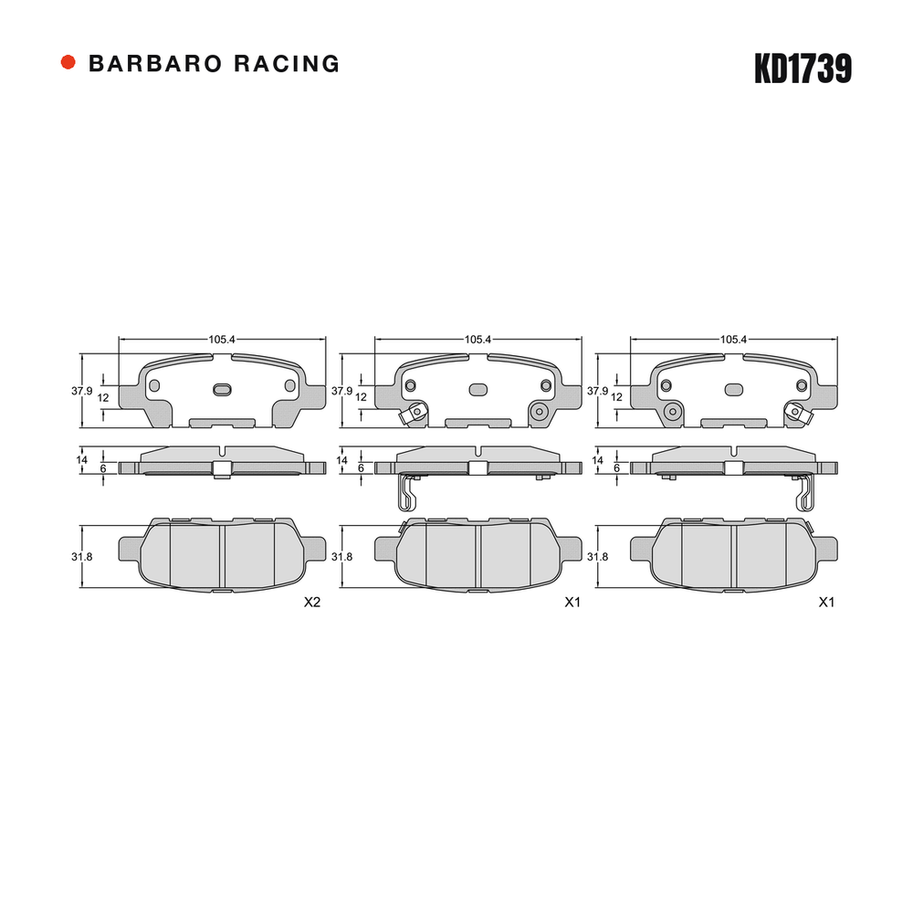 Barbaro Racing KD1739 brake pad shape drawing - 105.4 x 38 x 14 mm