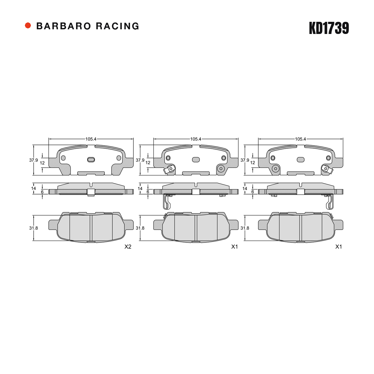 Barbaro Racing KD1739 brake pad shape drawing - 105.4 x 38 x 14 mm