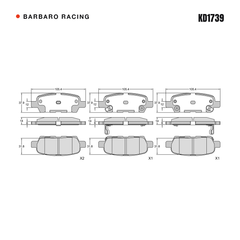 Barbaro Racing KD1739 brake pad shape drawing - 105.4 x 38 x 14 mm