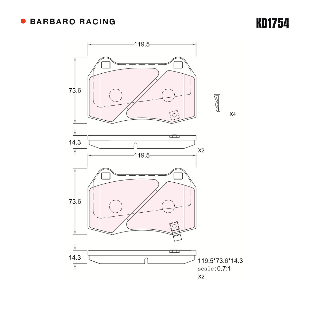 Barbaro Racing KD1754 brake pad shape drawing - 119.5 x 73.6 x 14.3 mm