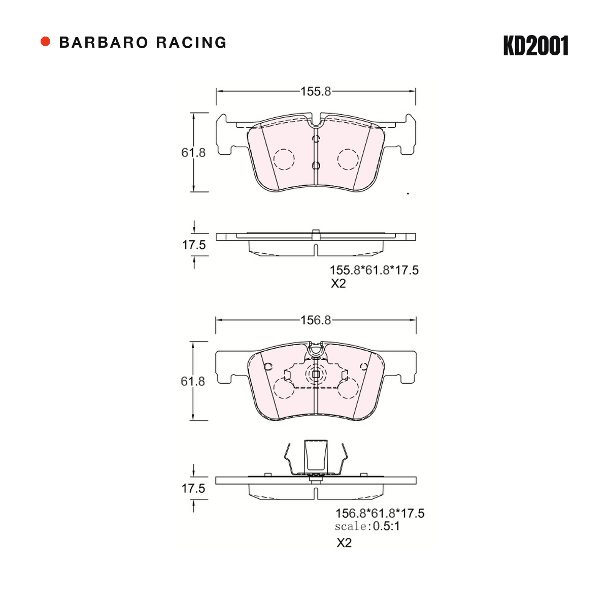 Barbaro Racing KD2001 brake pad shape drawing - 156.8 x 61.8 x 17.5 mm