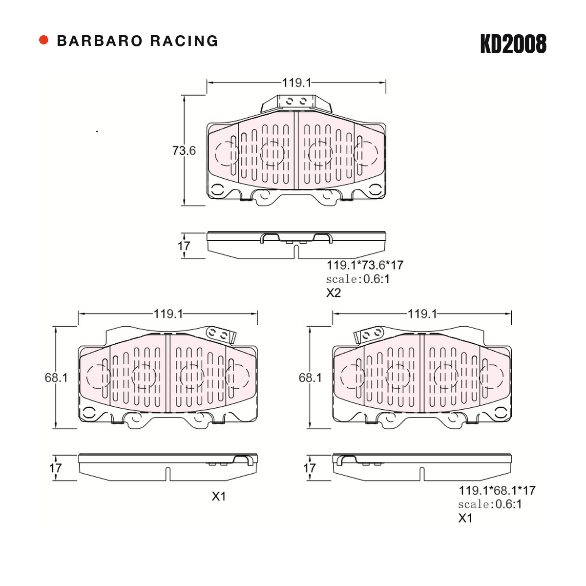 Barbaro Racing KD2008 brake pad shape drawing - 119.1 x 73.6 x 17 mm